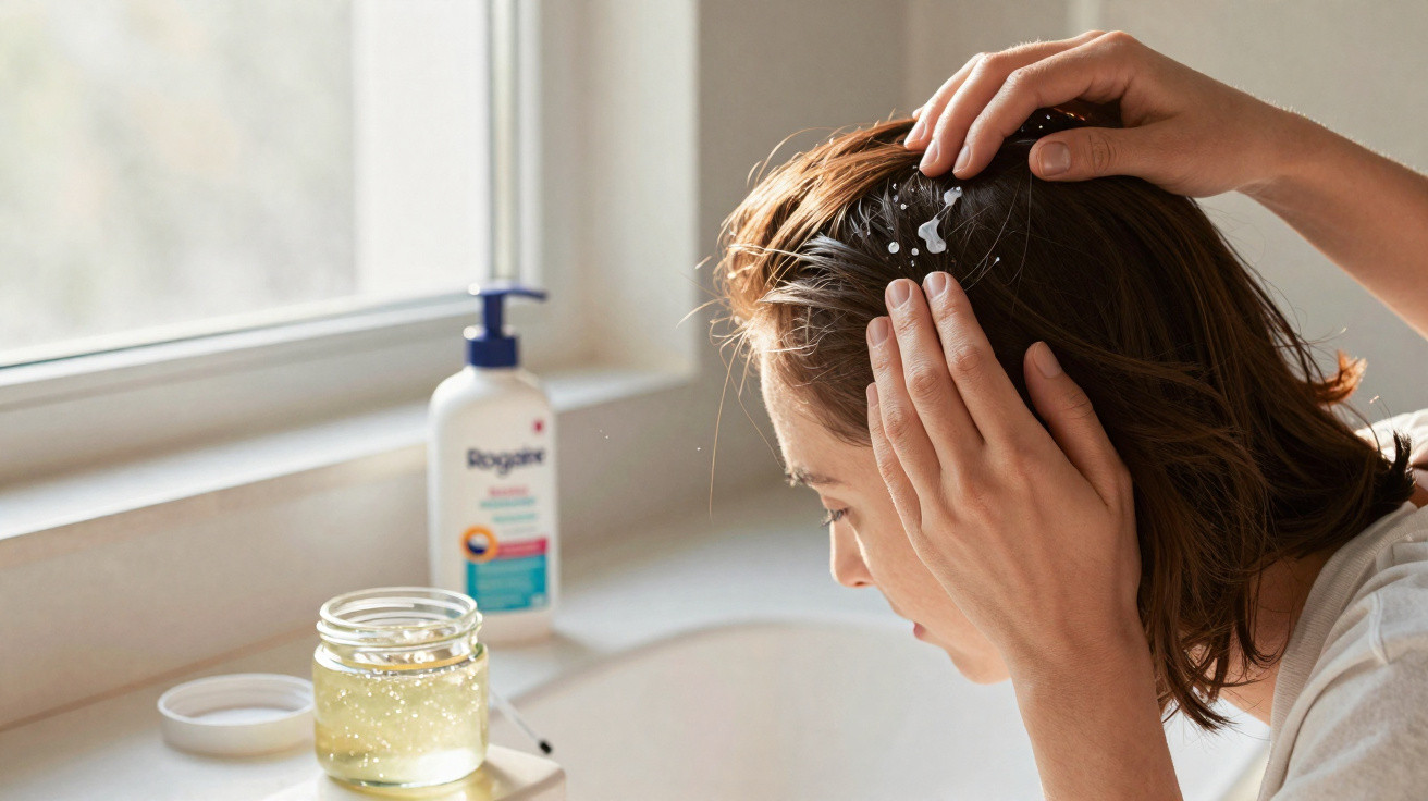 Mulher aplica tratamento capilar no cabelo com mãos sobre a cabeça junto a jarra de gel e frasco de loção.