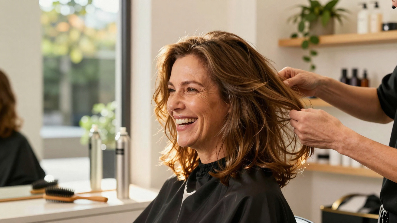 Mulher sorridente a receber penteado em cabeleireiro moderno com luz natural e produtos no fundo.
