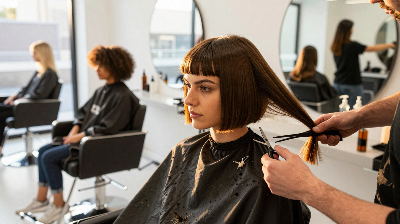 Mulher com cabelo castanho curto recebe corte de cabelo num salão de beleza moderno e iluminado.