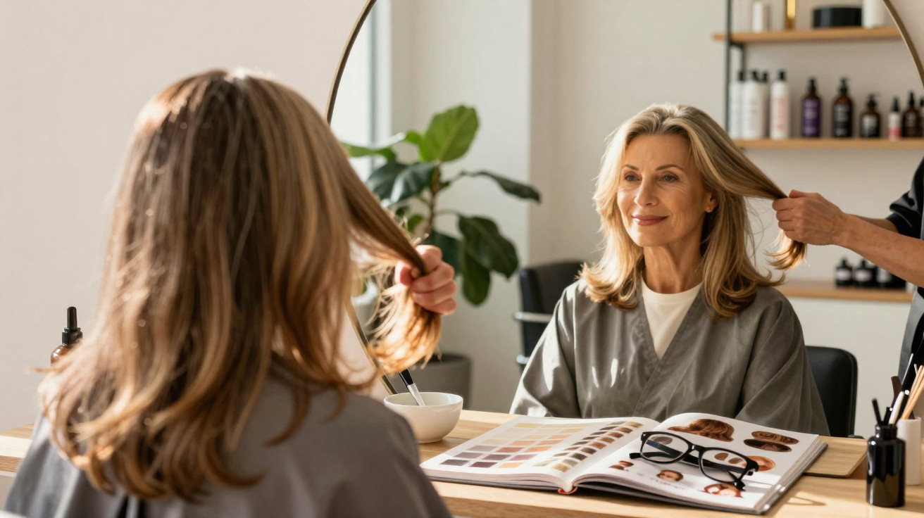 Mulher madura no cabeleireiro a observar o cabelo ao espelho, com catálogo de penteados à frente.