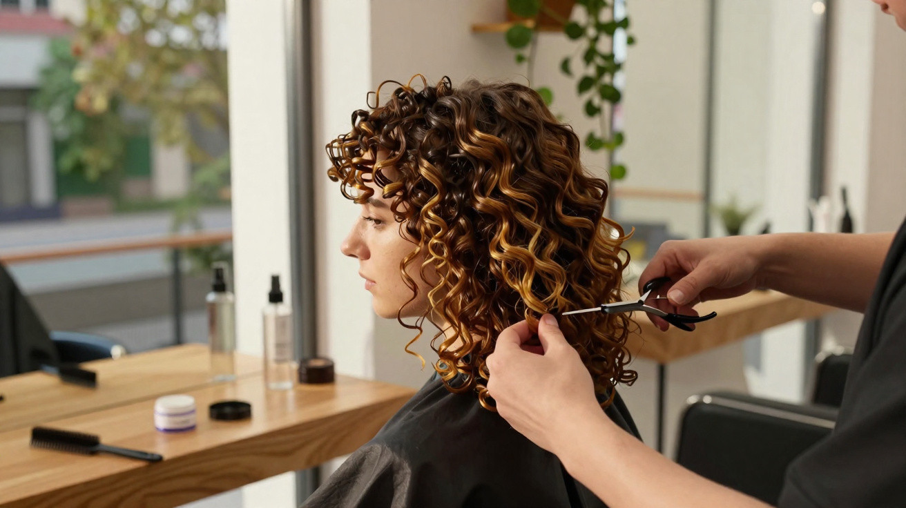 Cabeleireiro a cortar cabelos encaracolados castanhos com luzes douradas numa cliente num salão moderno.