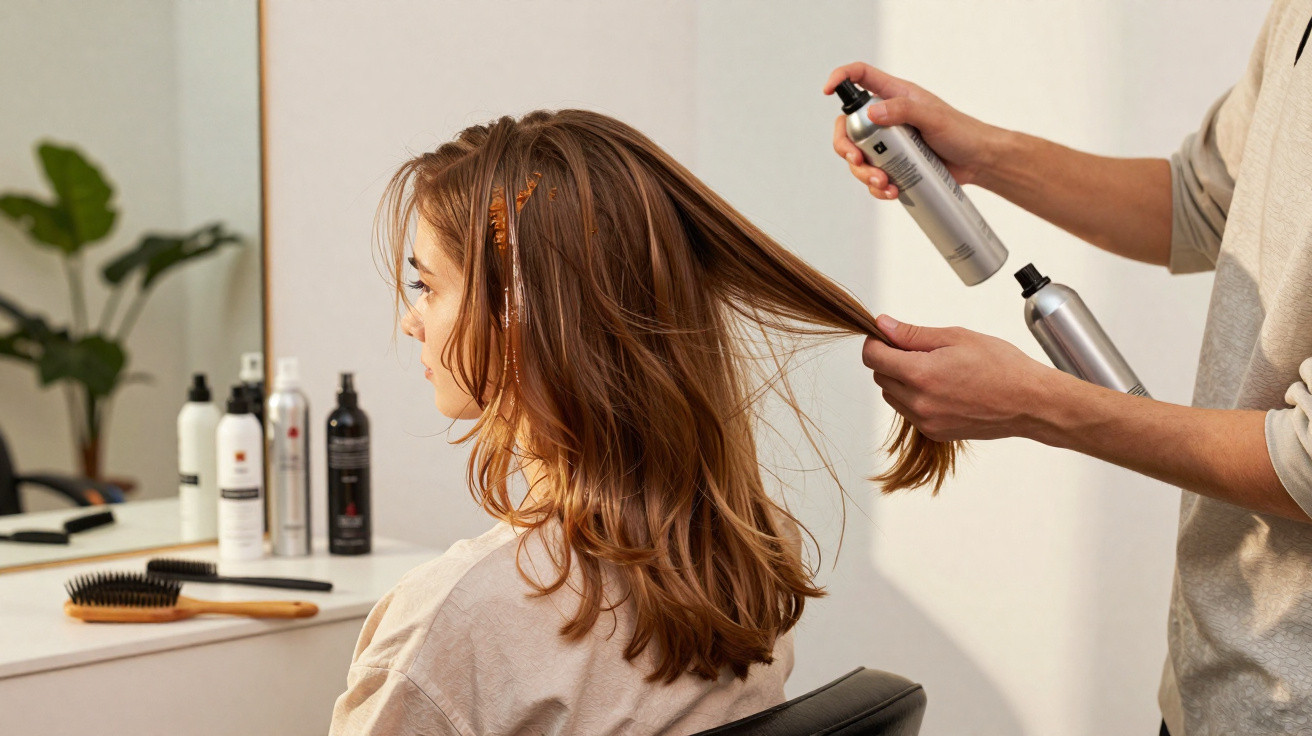 Profissional aplica spray de cabelo em mulher sentada num salão de beleza.