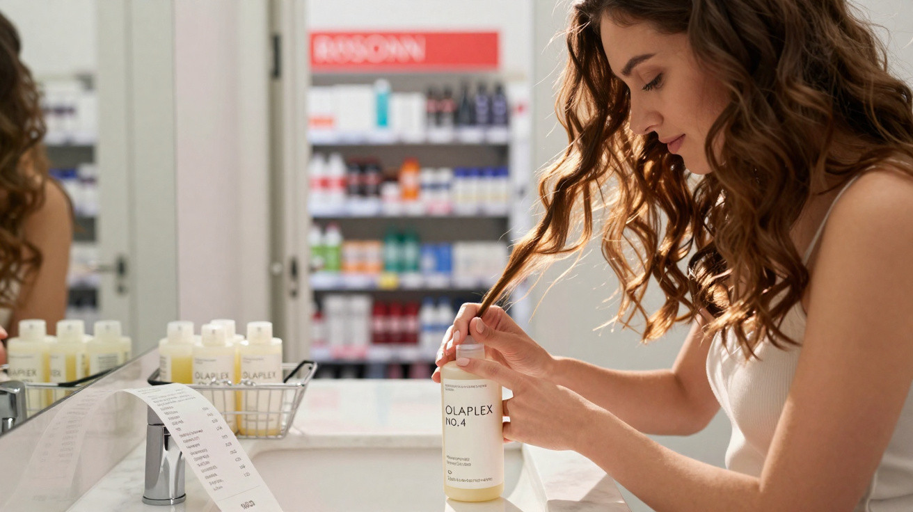 Mulher com cabelo encaracolado a aplicar champô Olaplex No.4 numa casa de banho com espelho e prateleiras ao fundo.