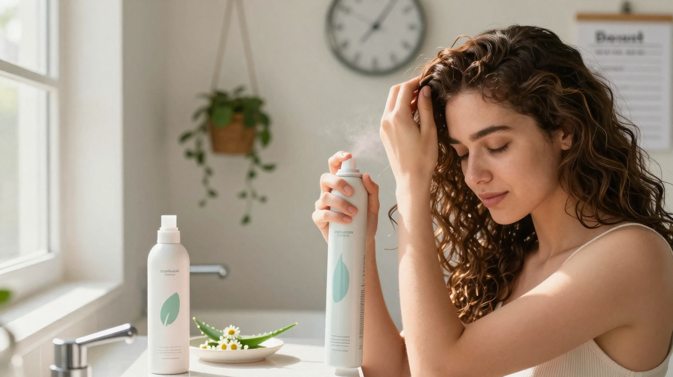 Mulher com cabelo ondulado a aplicar spray capilar num ambiente de casa de banho iluminado pela luz natural.