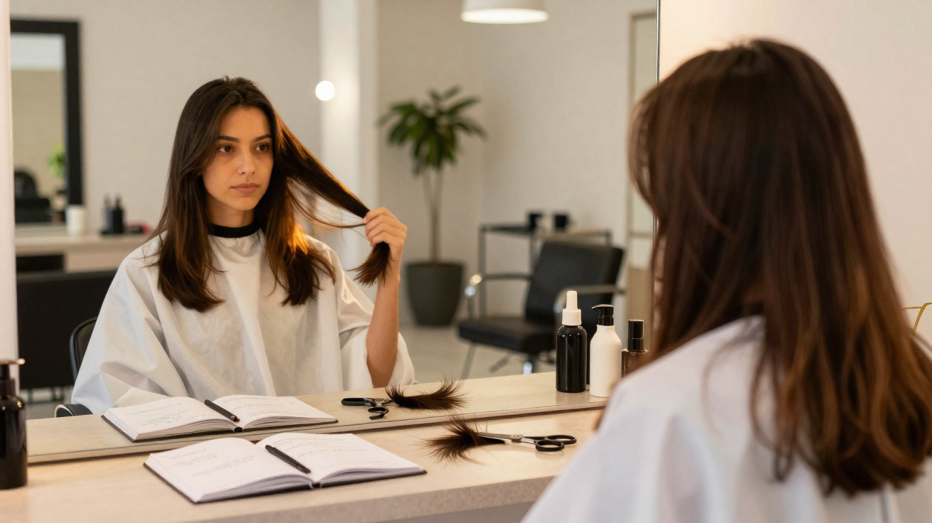 Mulher a cortar o cabelo num salão de beleza, observando o seu reflexo no espelho.