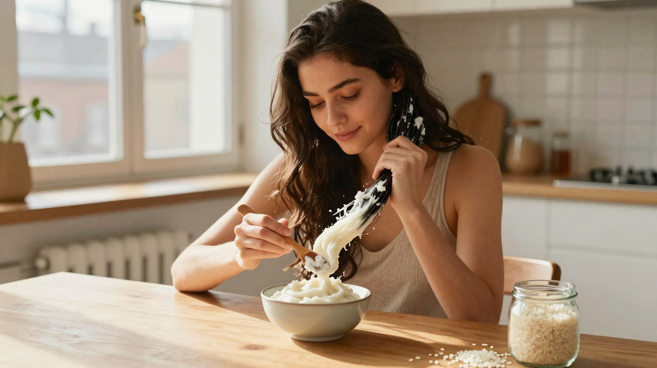 Mulher com cabelo castanho a servir noodles com pauzinhos numa tigela na cozinha luminosa.