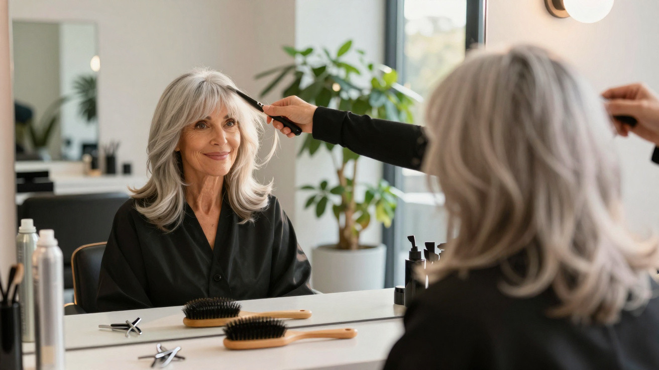 Mulher idosa a sorrir sentada num salão de cabeleireiro enquanto penteiam o seu cabelo grisalho.