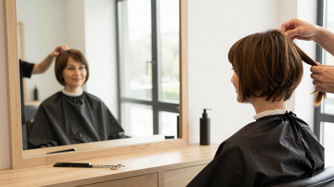 Mulher com capa preta no salão de cabeleireiro, sentada a olhar ao espelho enquanto apanha cabelo.