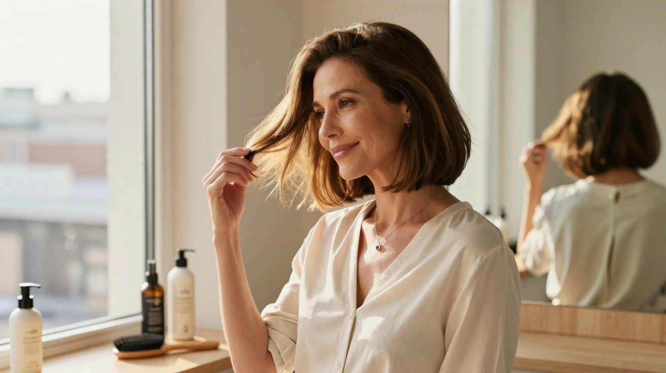 Mulher sorridente a cuidar do cabelo junto a uma janela, com produtos de beleza numa bancada.
