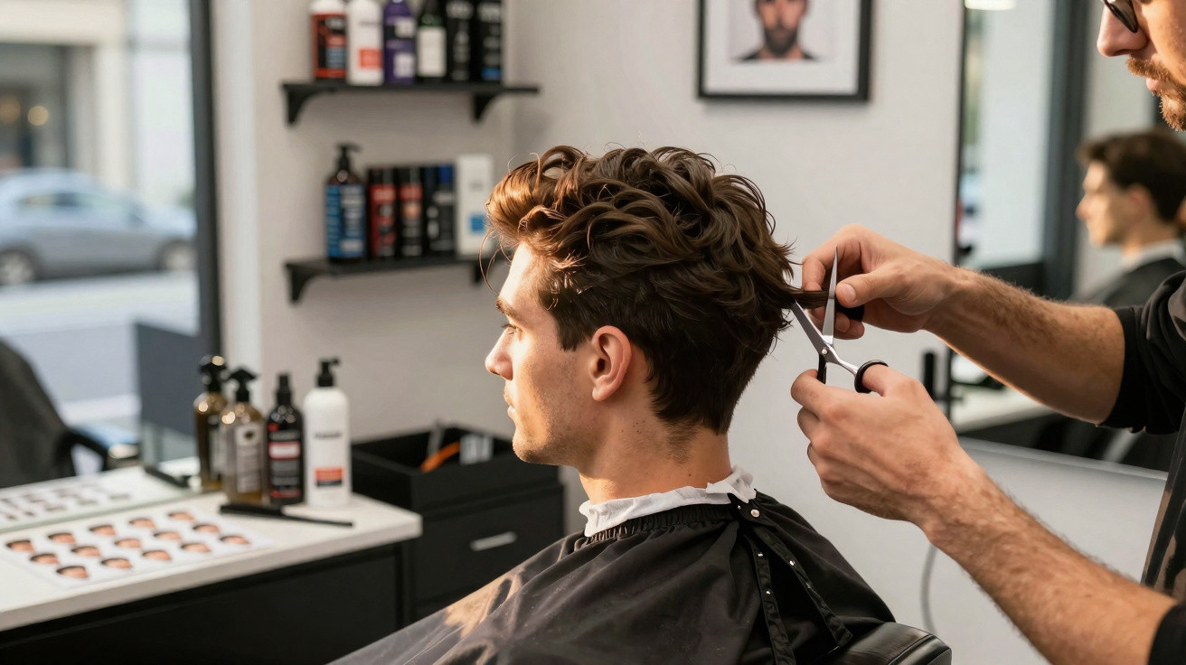 Homem jovem sentado a cortar cabelo numa barbearia com produtos e espelhos ao redor.