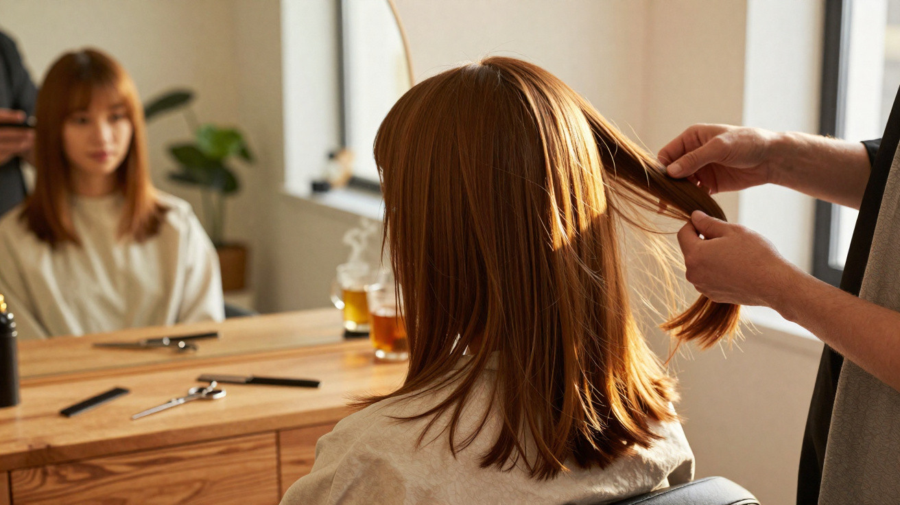 Mulher com cabelo ruivo sentada num cabeleireiro enquanto profissional segura mecha do seu cabelo.