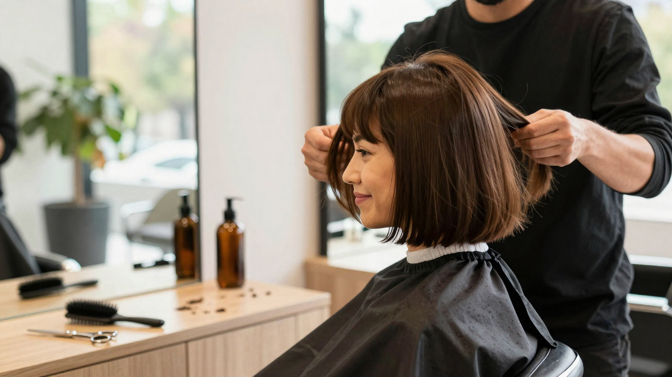 Mulher sorridente com novo corte de cabelo curto sentada num salão de cabeleireiro.