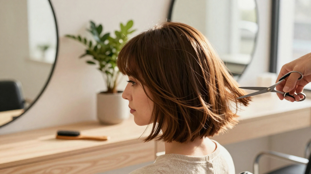 Mulher com cabelo castanho médio a receber corte de cabelo num salão de cabeleireiro moderno.
