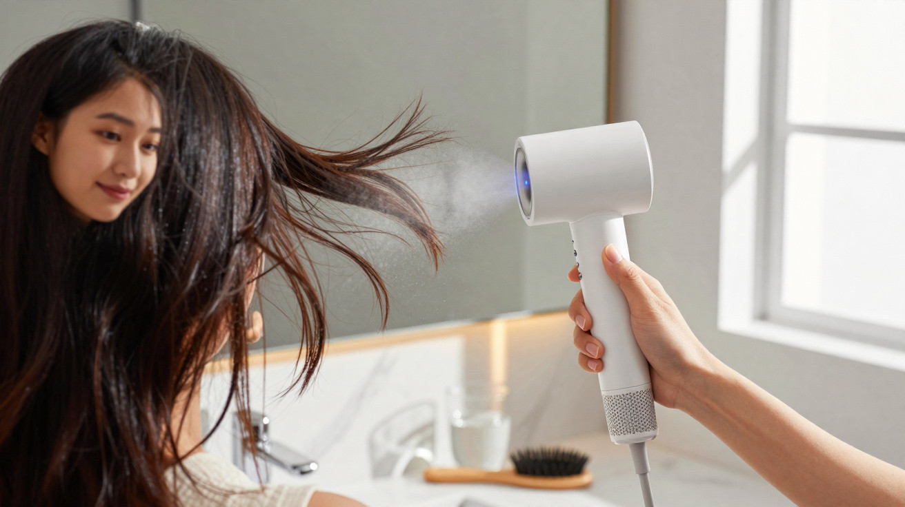 Pessoa a usar secador de cabelo branco para secar cabelo castanho num ambiente de casa de banho iluminado.