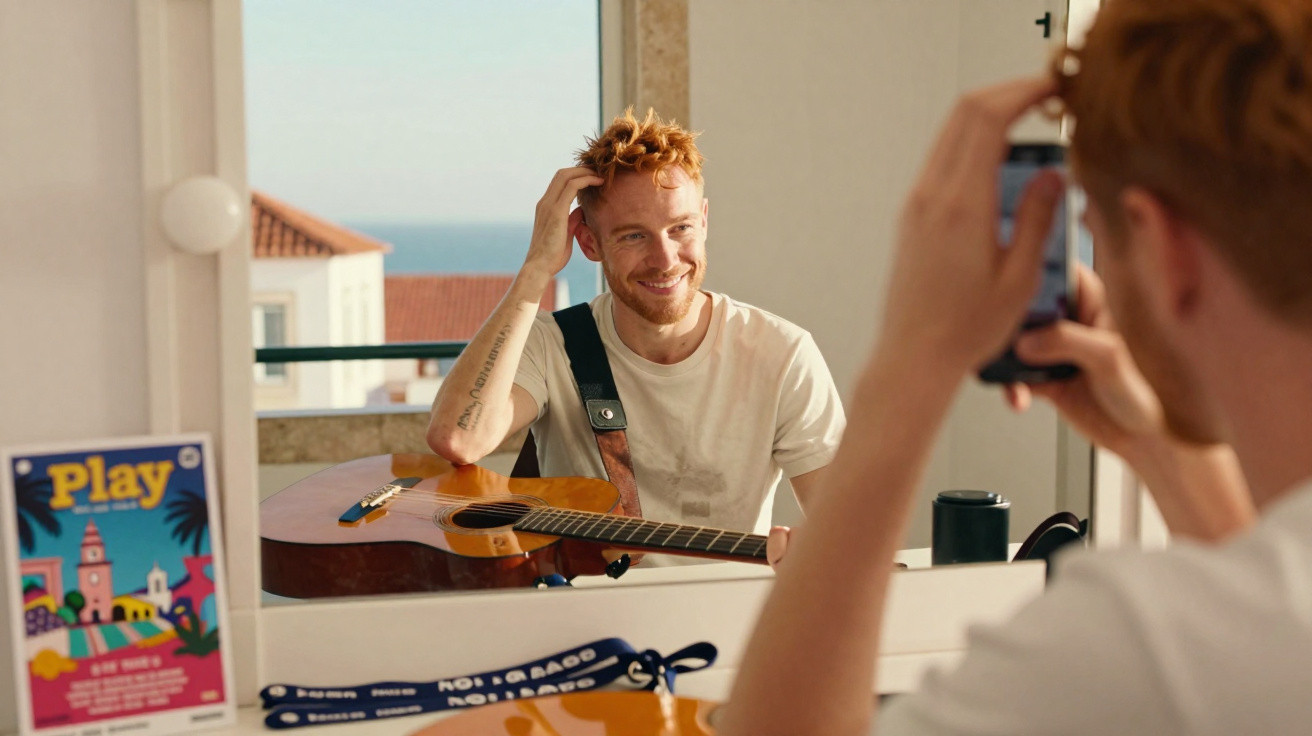 Homem sorridente com guitarra sentado frente a um espelho, enquanto alguém tira uma foto com um telemóvel.