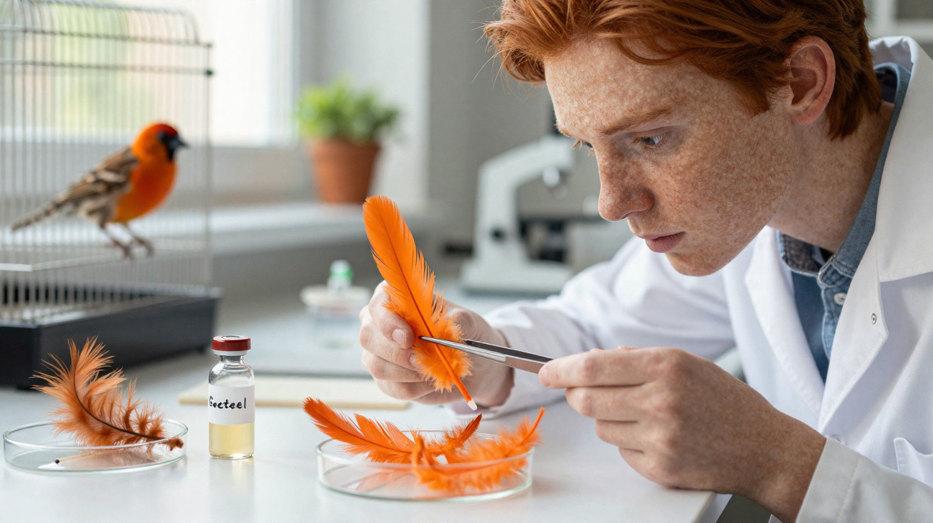 Jovem cientista examina penas laranja em laboratório com canário na gaiola ao fundo.