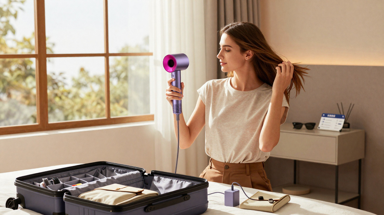 Mulher seca o cabelo com secador roxo junto a uma mala aberta num quarto iluminado.
