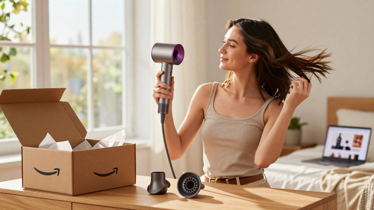 Mulher a secar o cabelo com secador moderno perto de caixa da Amazon numa sala iluminada.