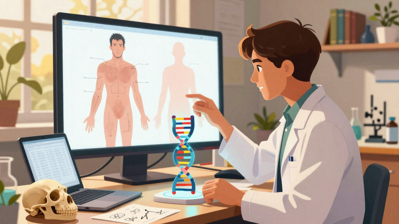 Cientista em laboratório analisando modelo de ADN e imagens digitais do corpo humano numa secretária.