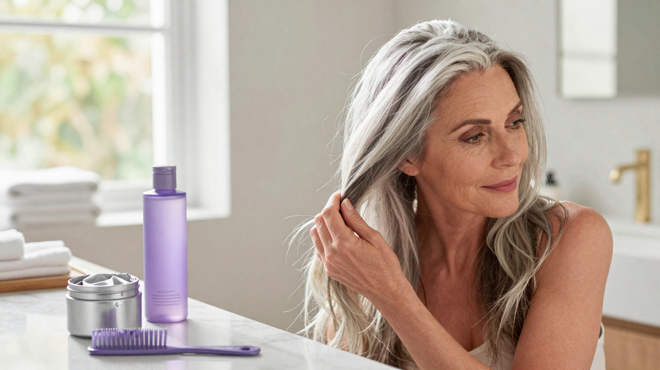Mulher madura com cabelo grisalho penteia os cabelos num banheiro moderno com produtos ao lado.