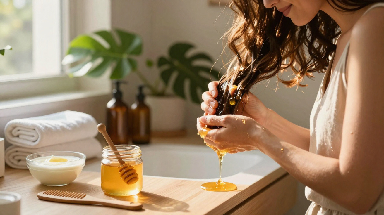 Mulher a aplicar mel no cabelo numa bancada com toalhas, pote de mel e creme para cuidados pessoais.