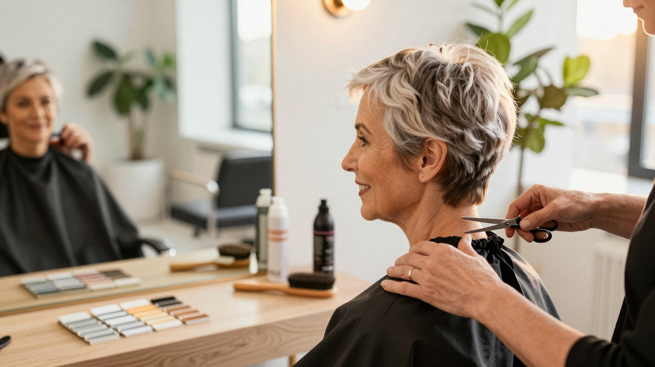 Mulher com cabelo curto e grisalho a sorrir enquanto corta cabelo num salão de cabeleireiro.
