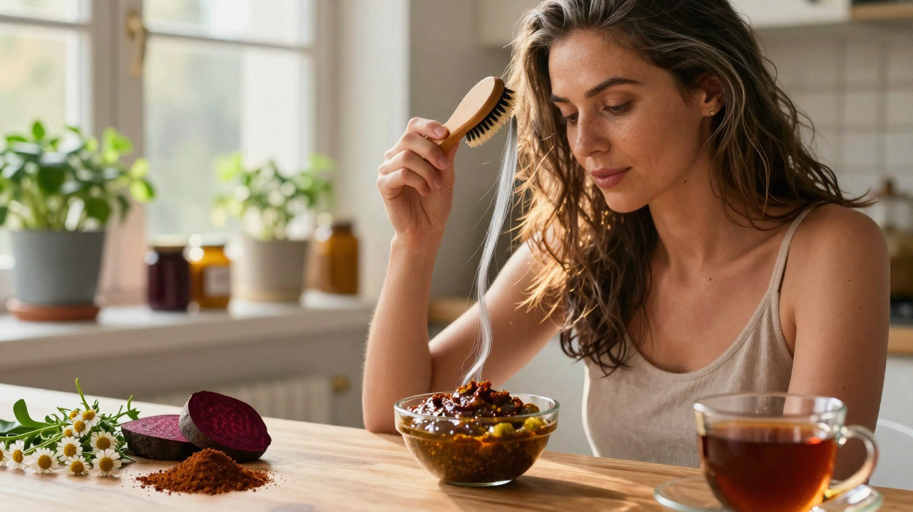 Mulher sentada à mesa com cabelo molhado, segurando uma escova sobre uma tigela de comida e chá.