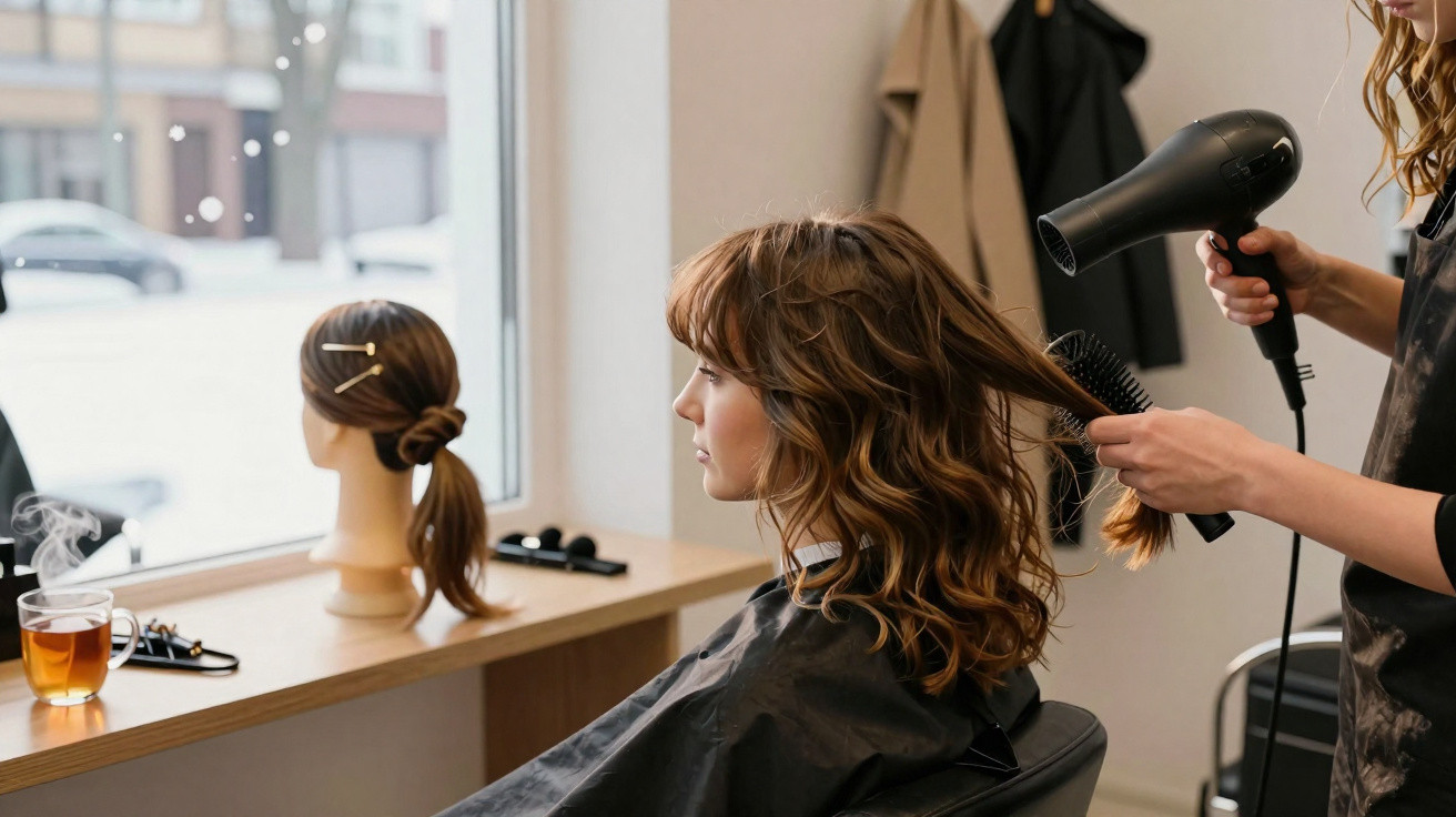 Mulher com cabelo ondulado é seca no cabeleireiro com secador e escova numa sala luminosa.