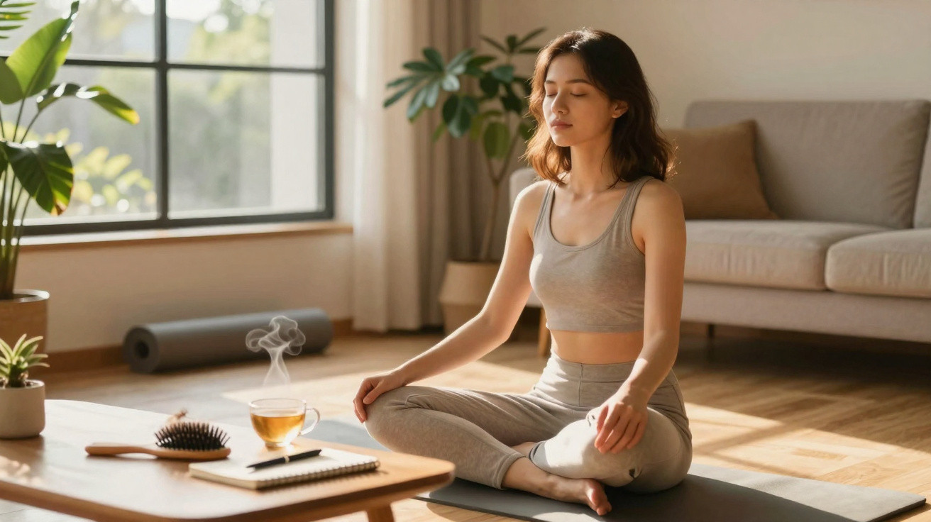 Mulher sentada no chão de casa em posição de meditação, com chá a fumegar numa mesa baixa.
