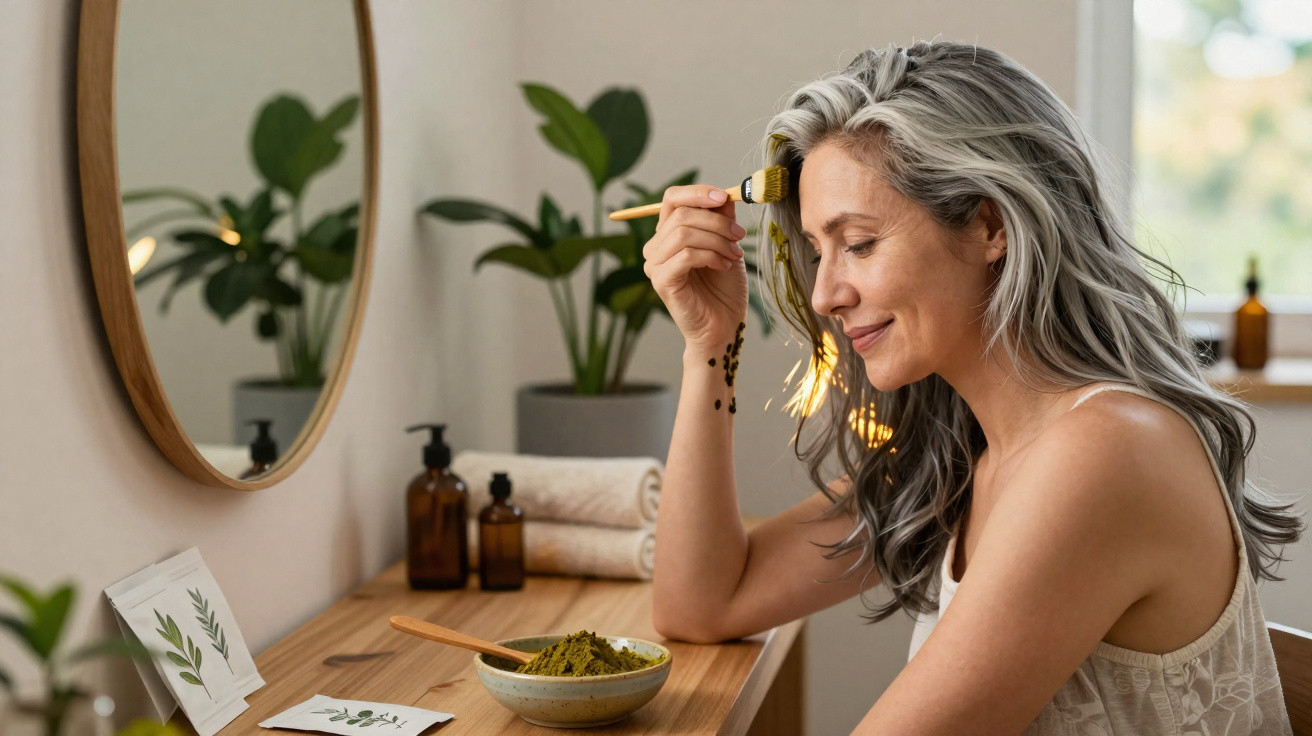 Mulher com cabelo grisalho aplica máscara facial com pincel num quarto iluminado e com plantas.