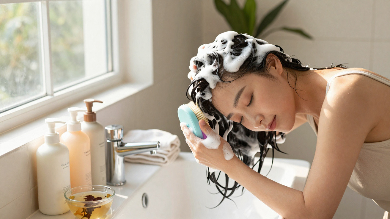 Mulher com espuma no cabelo a lavar e escovar o cabelo junto a uma janela numa casa de banho iluminada.