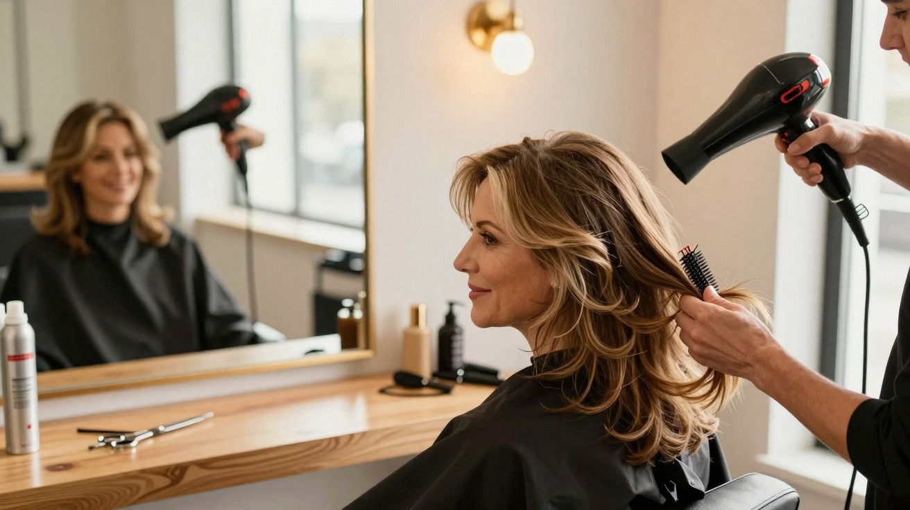 Mulher satisfeita a secar o cabelo num cabeleireiro com escova e secador, espelho ao fundo.