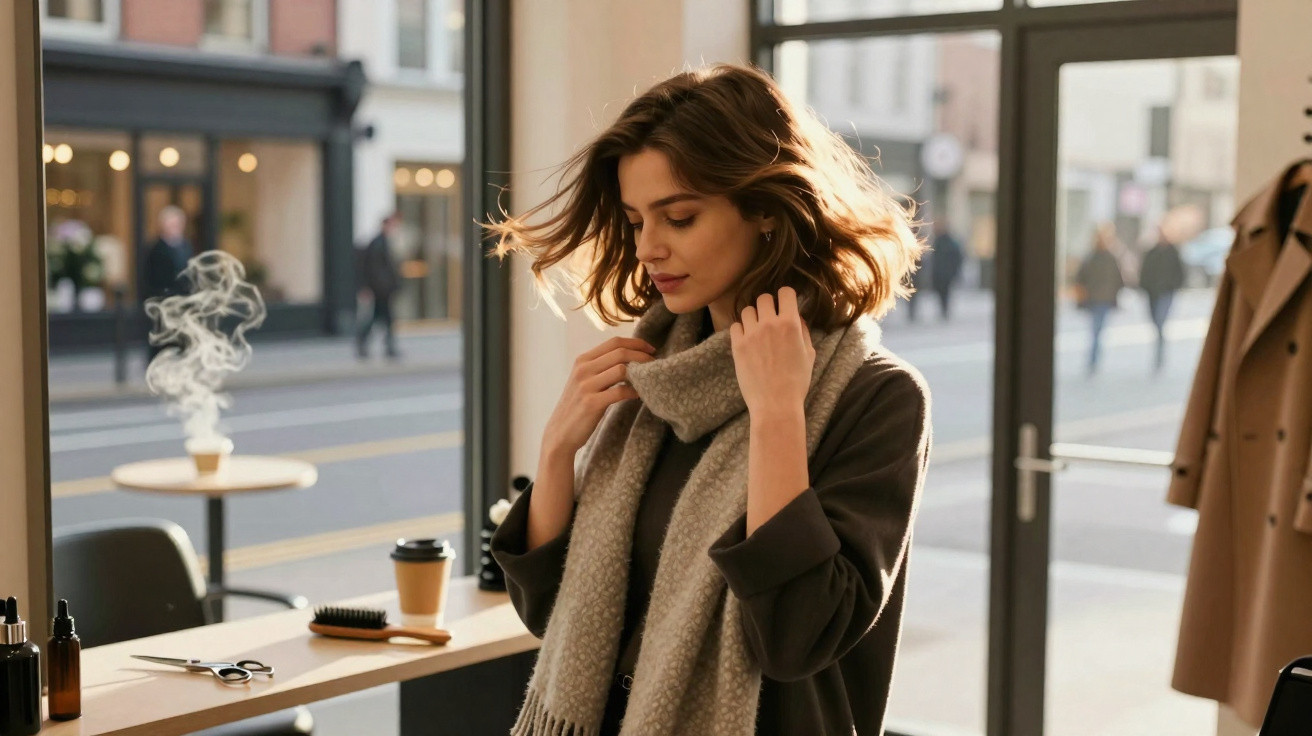 Mulher com cachecol bege ajeitando-o num café moderno com janela grande e mesa com chá fumegante.