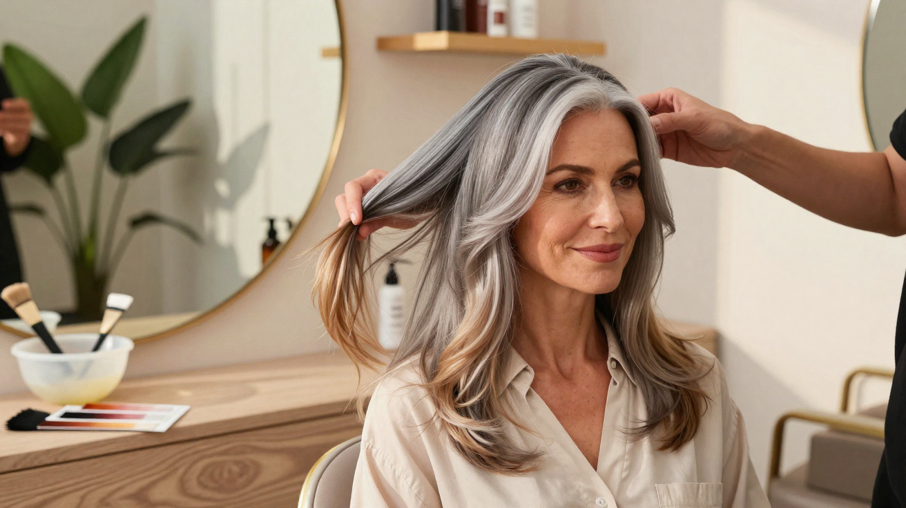 Mulher de cabelo grisalho sentado numa cadeira de cabeleireiro a ser penteada.
