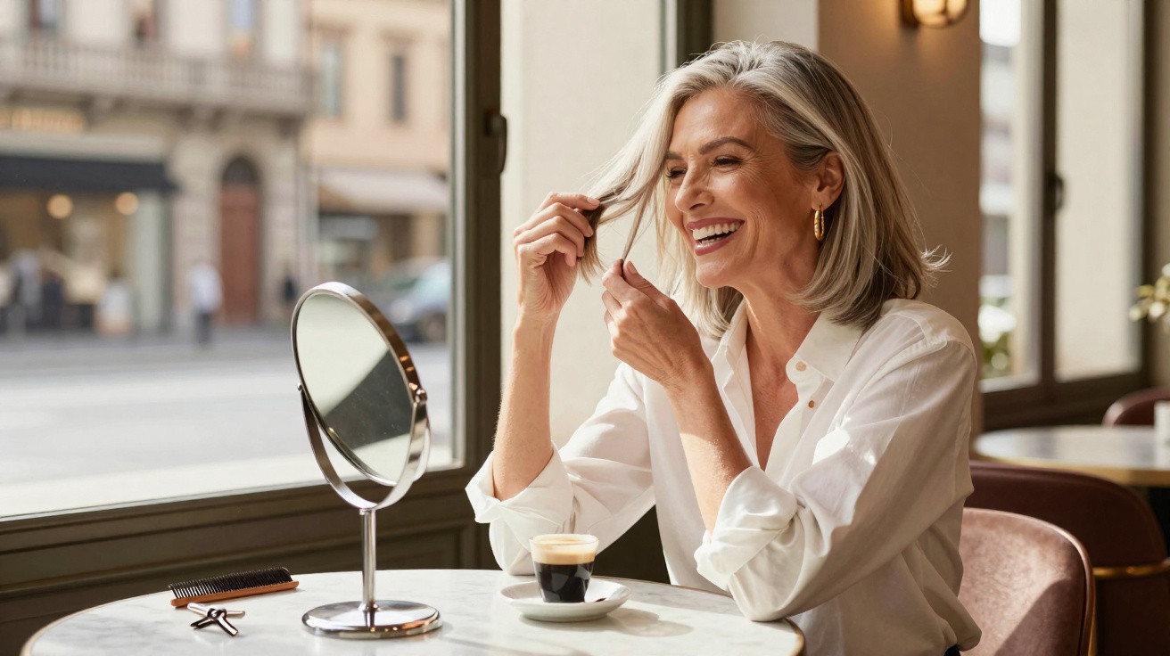 Mulher sorridente sentada num café a pentear o cabelo à frente de um espelho com café na mesa.