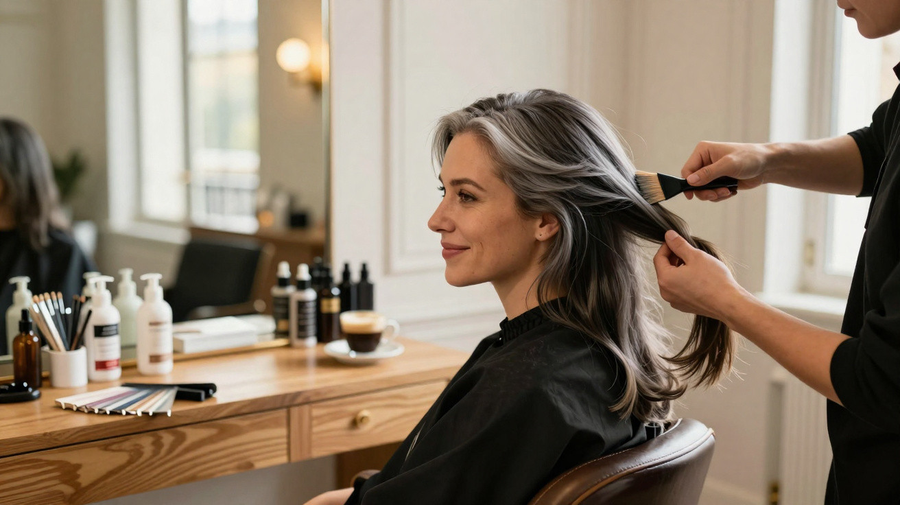 Mulher sorridente a receber tratamento capilar enquanto estilista aplica produto no cabelo num salão.