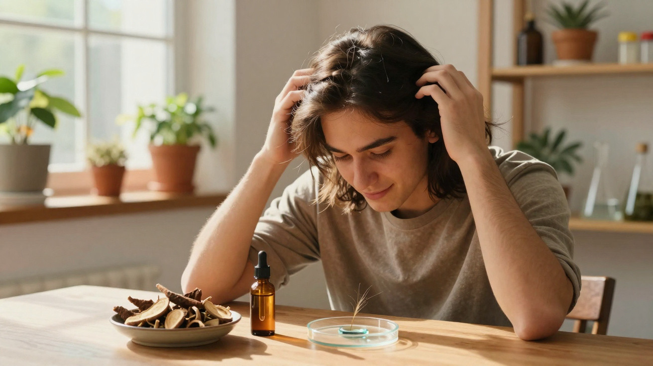 Jovem a observar amostras naturais numa placa de Petri numa mesa com frascos e plantas ao fundo.