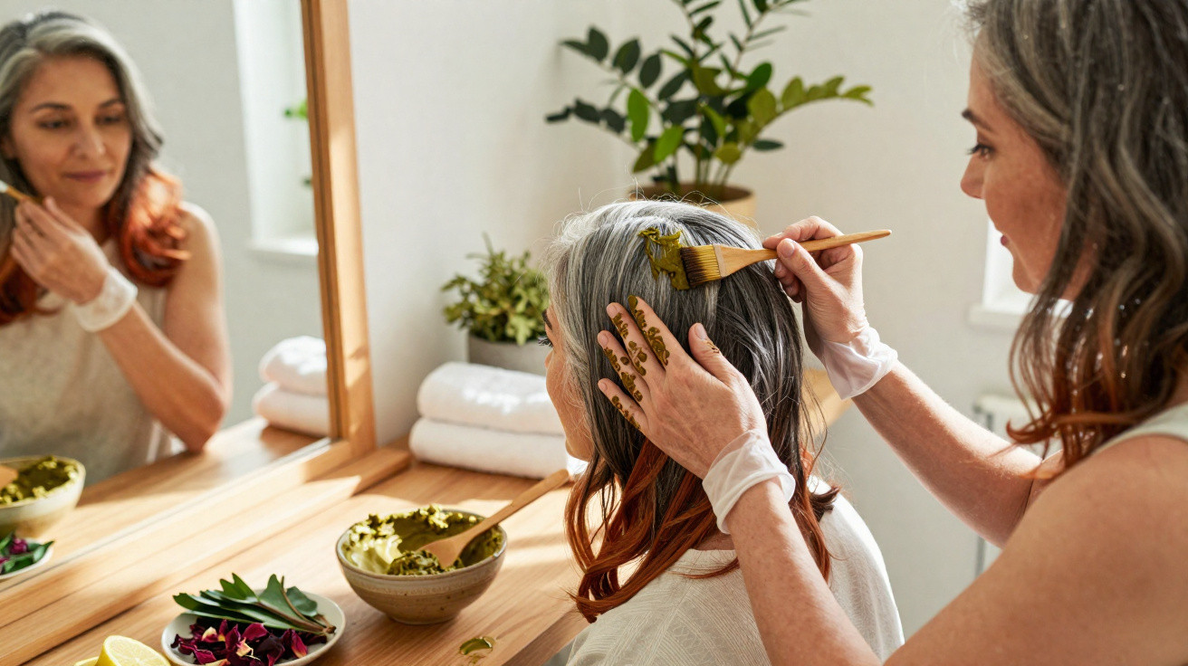 Mulher pinta o cabelo com henna natural enquanto se olha ao espelho numa sala iluminada.