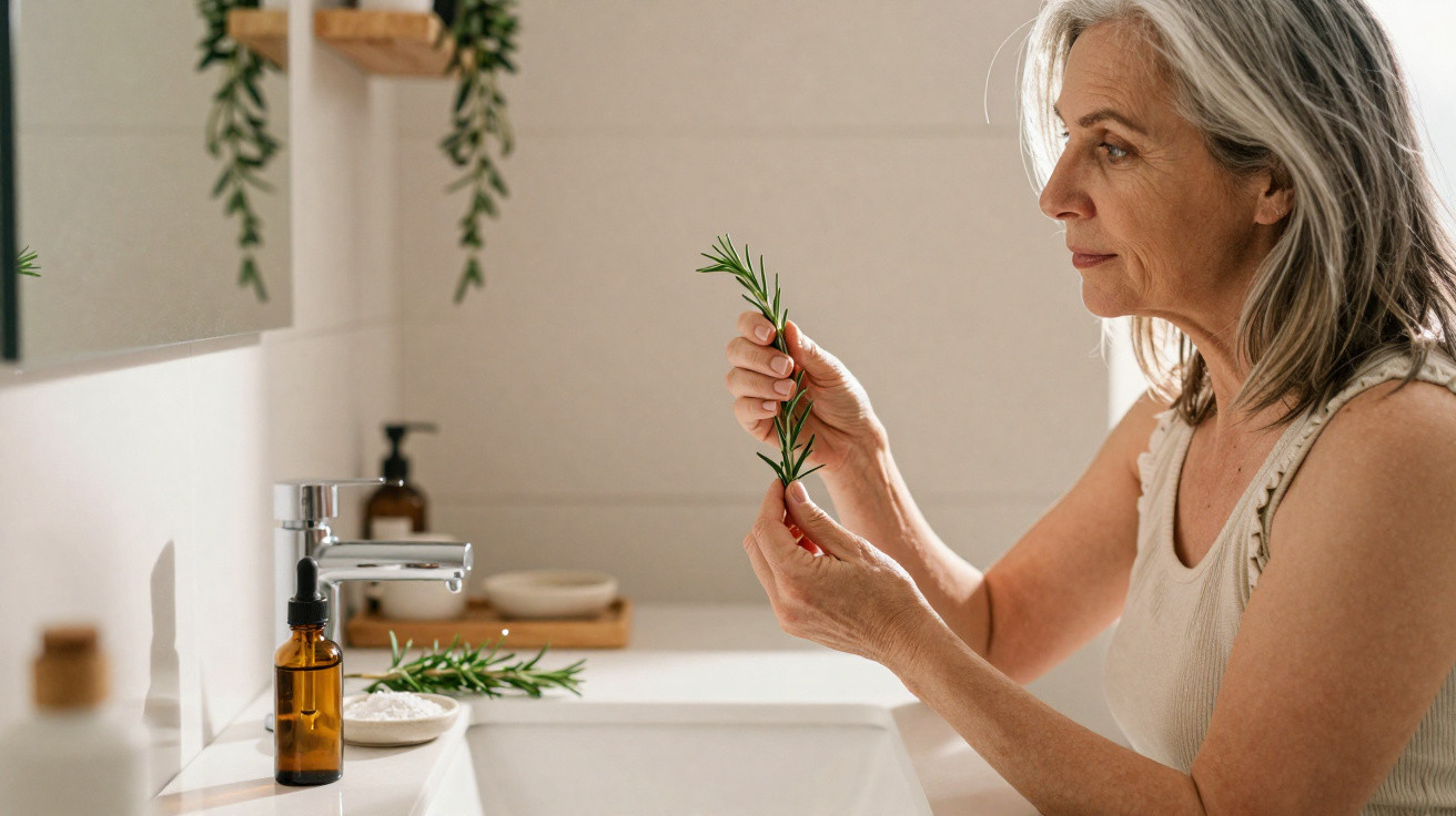 Mulher de cabelo grisalho observa ramo de alecrim na casa de banho luminosa e decorada com plantas.