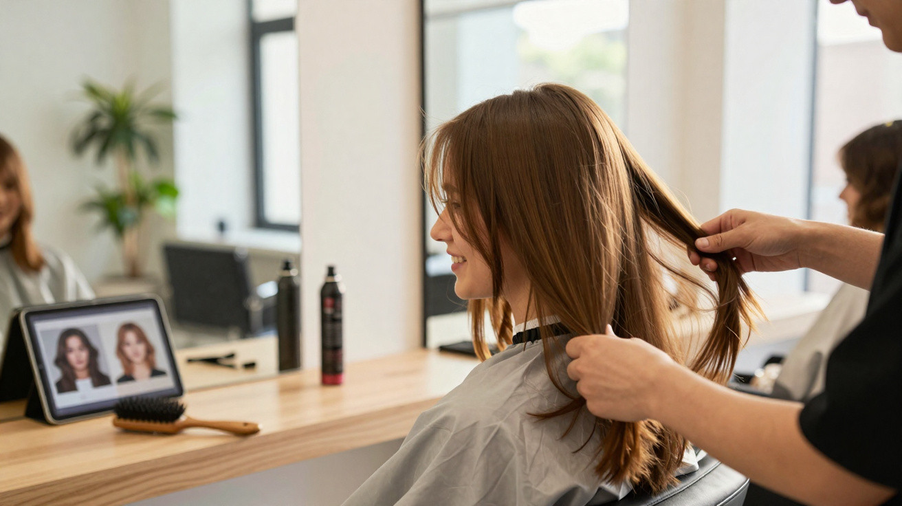 Mulher sorridente no cabeleireiro, profissional manuseia o cabelo enquanto consultam opções numa tabela digital.
