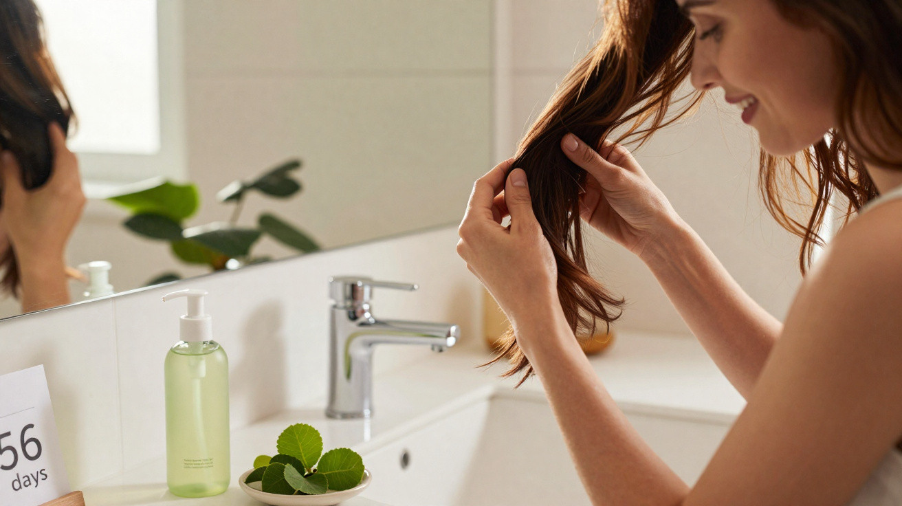 Mulher a cuidar do cabelo perto da pia de casa de banho, com planta e garrafa de produto no lavatório.