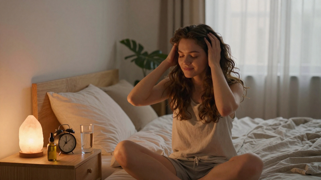 Mulher sentada na cama numa manhã iluminada, relaxando com olhos fechados e mãos no cabelo.
