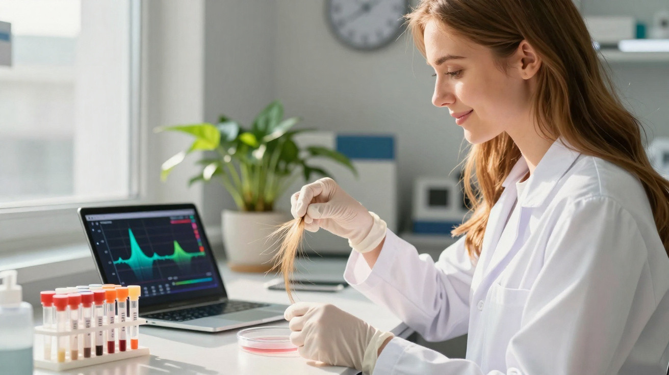 Cientista em laboratório analisa amostra de cabelo segurando fio sobre placa de Petri perto de computador.