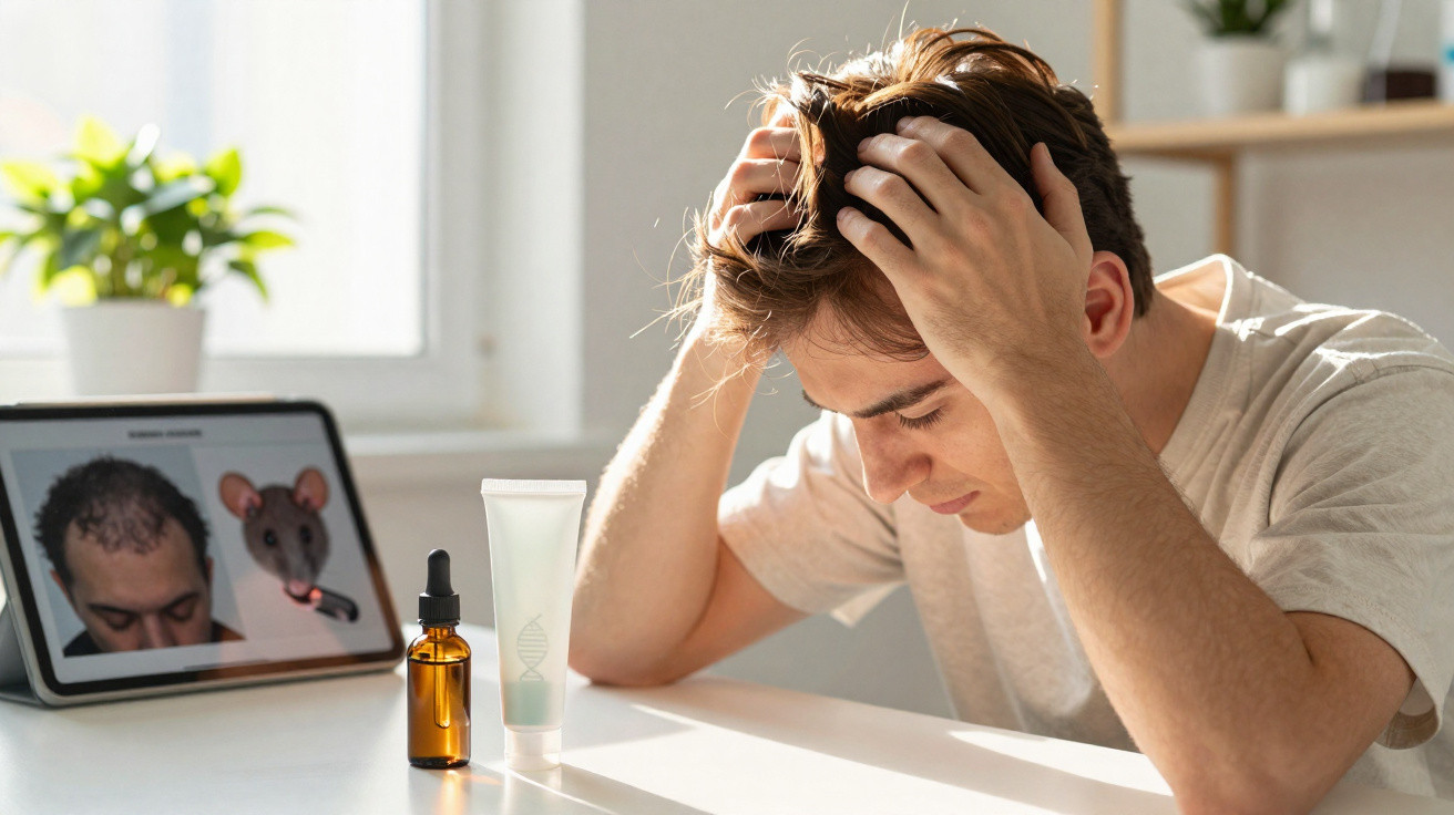 Homem preocupado com queda de cabelo e produtos para tratamento à frente numa mesa iluminada.